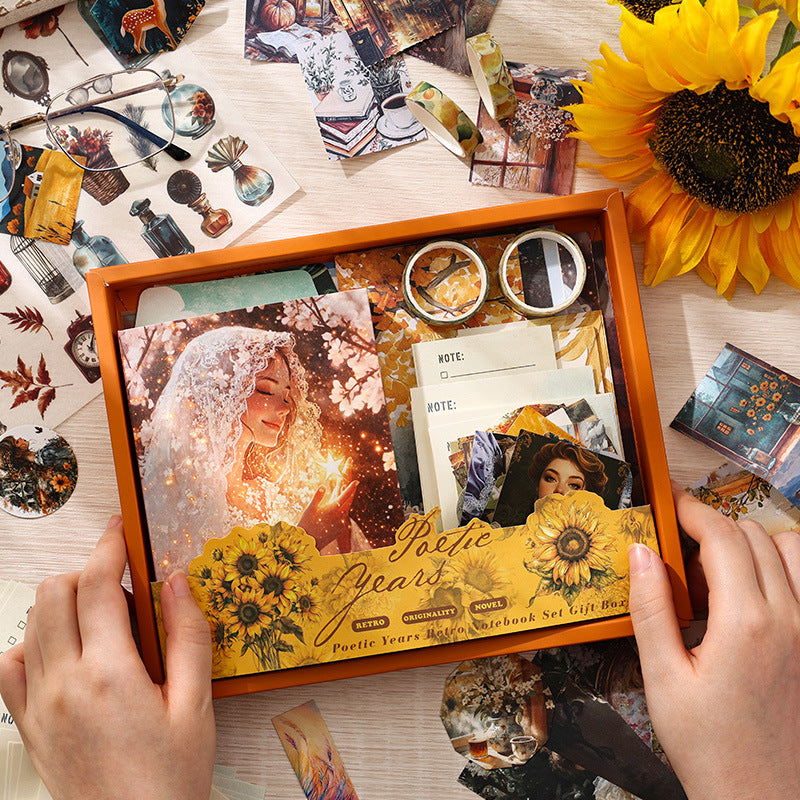 Comprehensive contents layout of the Poetic Years orange journal kit, showcasing material papers, memo sheets, washi tapes, and stickers with oil painting art.