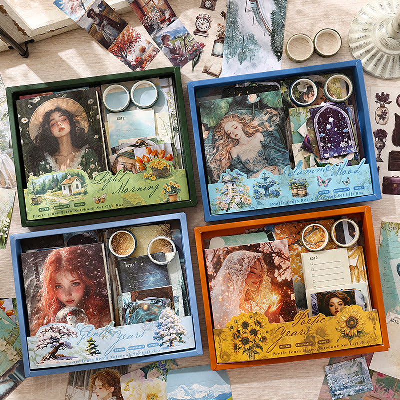 A stunning display of the four seasonal 'Poetic Years' oil painting aesthetic journal gift boxes. Shows the complete collection arranged in a row: Light Morning (Spring Cottagecore), Summer Mood (Starlit Ocean), Poetic Years (Golden Autumn), and Gentle Years (Winter Fairytale). Each kit features unique vintage artwork, washi tapes, and premium papers, perfect as a complete creative gift for journalers.