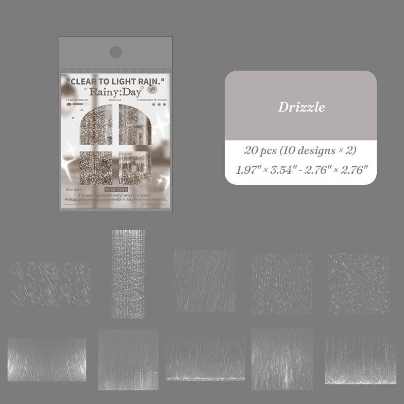 Drizzle PET transparent sticker set with fine rain streak textures for subtle atmospheric journal backgrounds