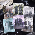 Six-color rainy day PET transparent sticker set displayed with packaging on dark background for aesthetic journaling and scrapbooking