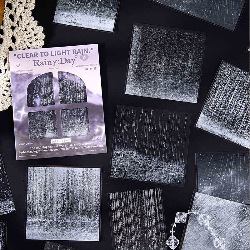 Purple rainy day PET sticker pack with scattered rain streak and window rain stickers for dark academia journal spreads