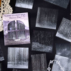 Purple rainy day PET sticker pack with scattered rain streak and window rain stickers for dark academia journal spreads