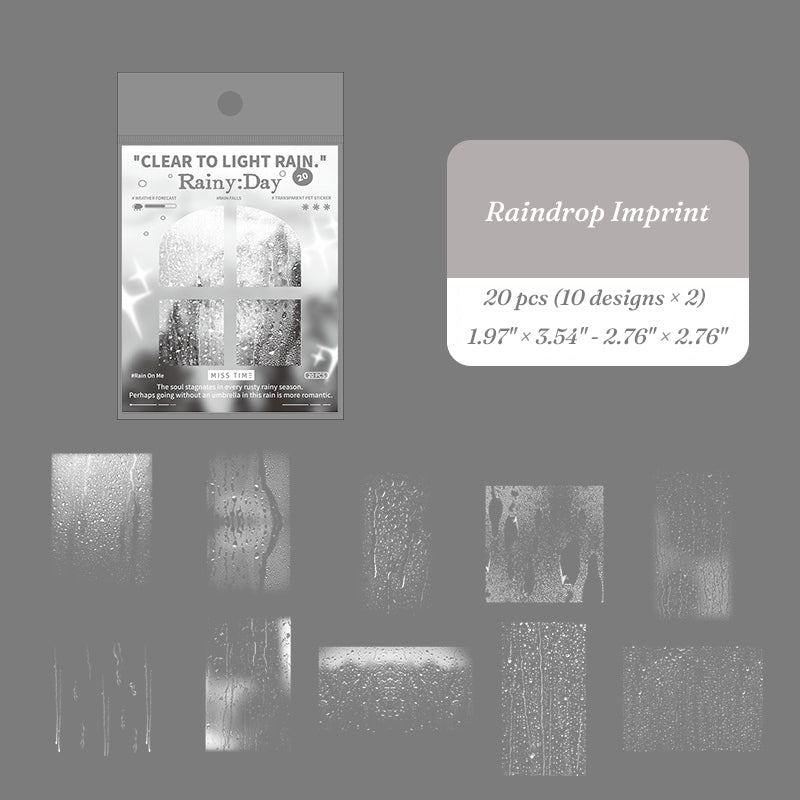 Raindrop Imprint PET transparent sticker set with window glass water droplet designs for moody journal layering