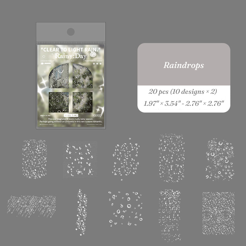 Raindrops PET transparent sticker set with scattered water beads and dew drop designs for nature journal spreads