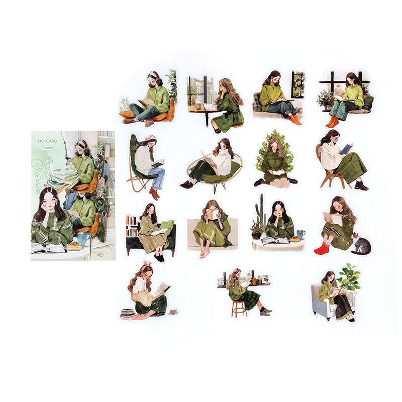Sage green reading girl PET stickers with plants and botanical reading nooks