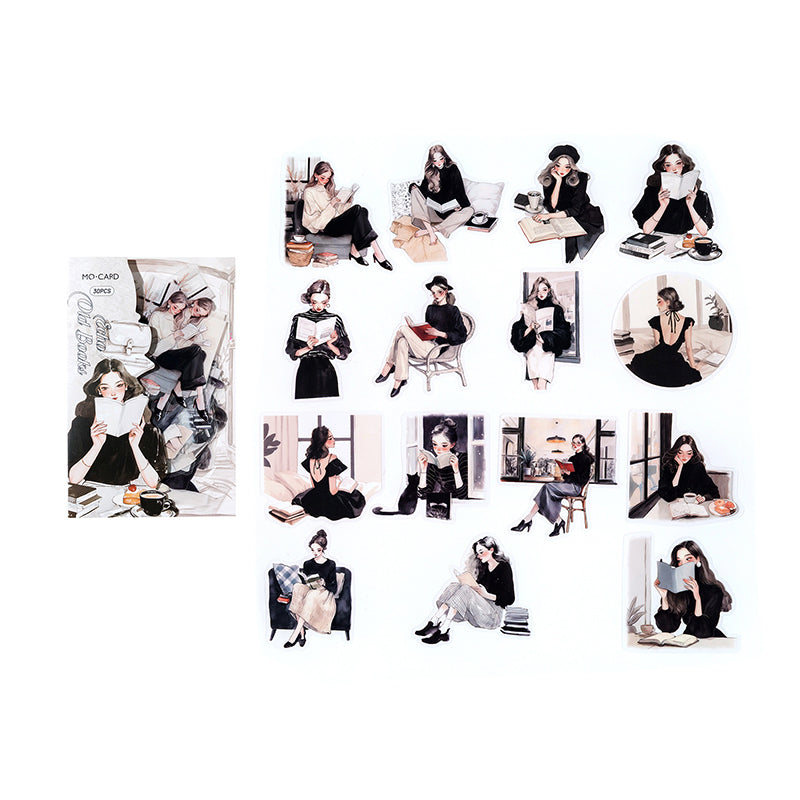 Black and ivory reading girl PET stickers with classic dark academia style