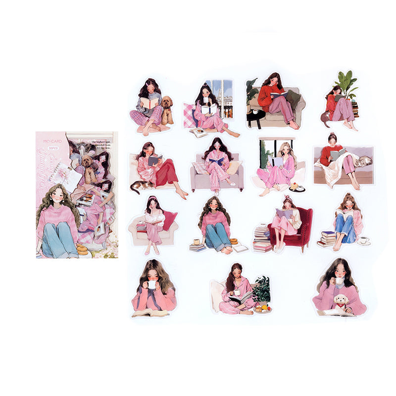 Soft pink reading girl PET stickers with cozy sweater and puppy companion scenes