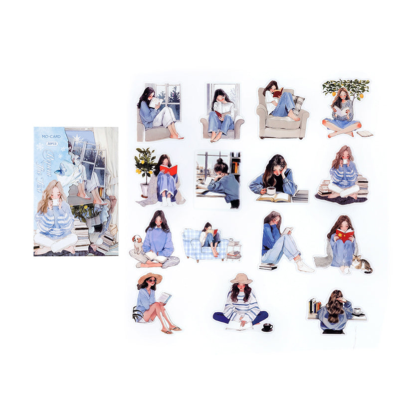Dusty blue reading girl PET stickers with striped sweater and lazy Sunday scenes