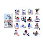 Dusty blue reading girl PET stickers with striped sweater and lazy Sunday scenes