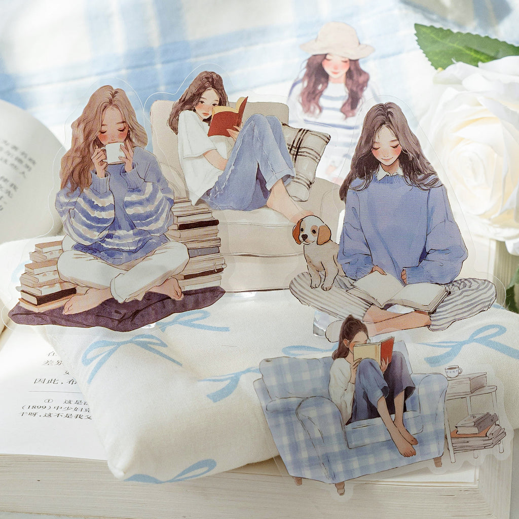 Dusty blue reading girl PET stickers on open book pages with coffee and puppy scenes