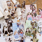 Full collection of six reading girl PET sticker packs in pink, blue, green, beige, black, and cream