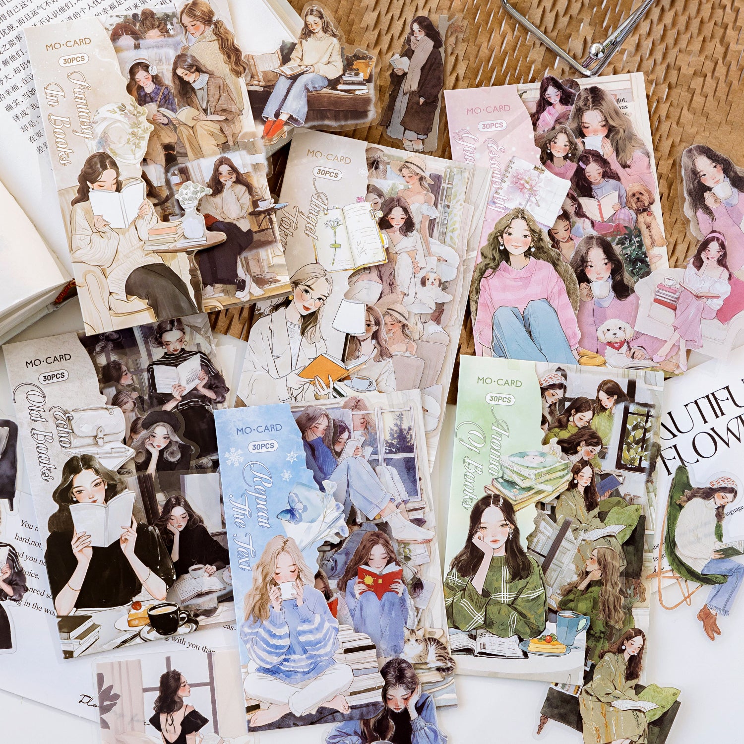 Full collection of six reading girl PET sticker packs in pink, blue, green, beige, black, and cream