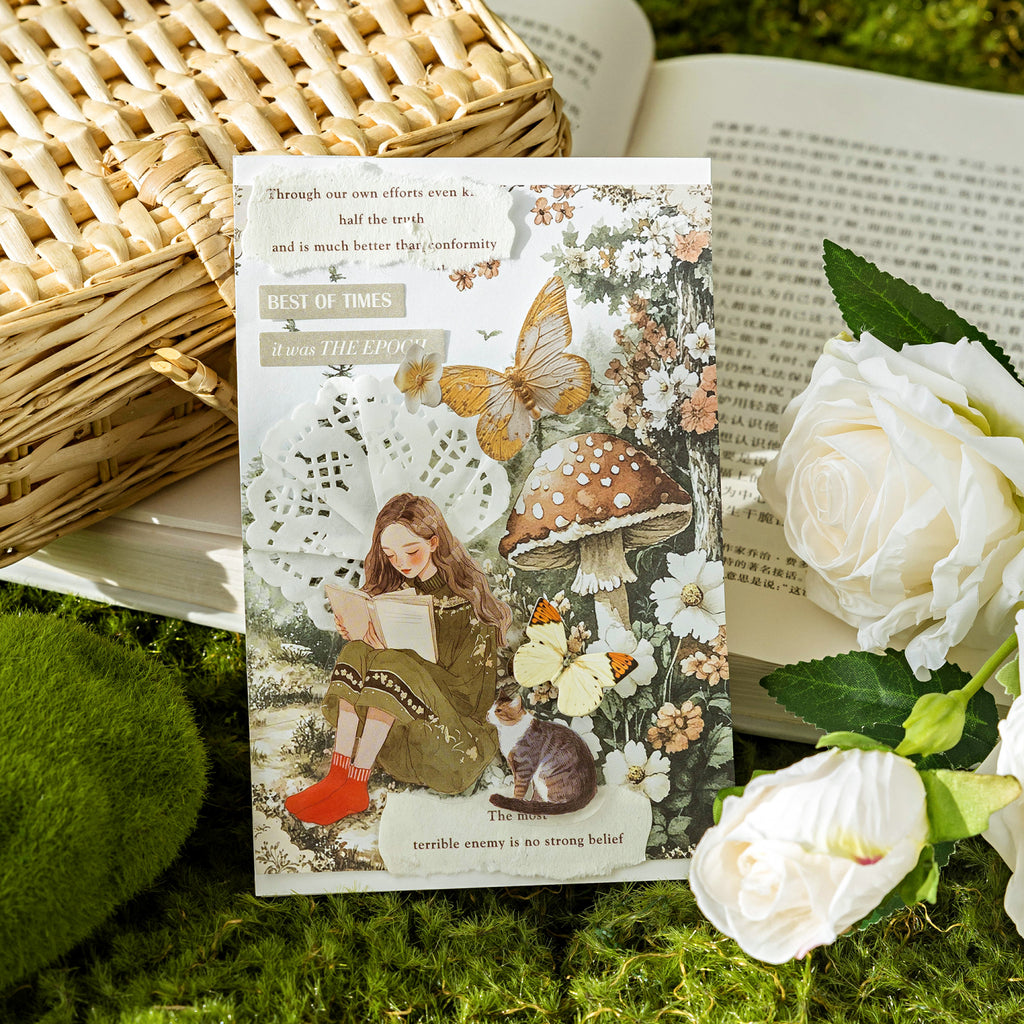Sage green reading girl PET stickers with literary garden and cozy reading illustrations