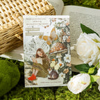 Sage green reading girl PET stickers with literary garden and cozy reading illustrations