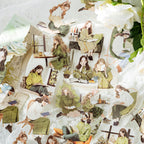 Sage green reading girl PET stickers with literary garden and cozy reading illustrations