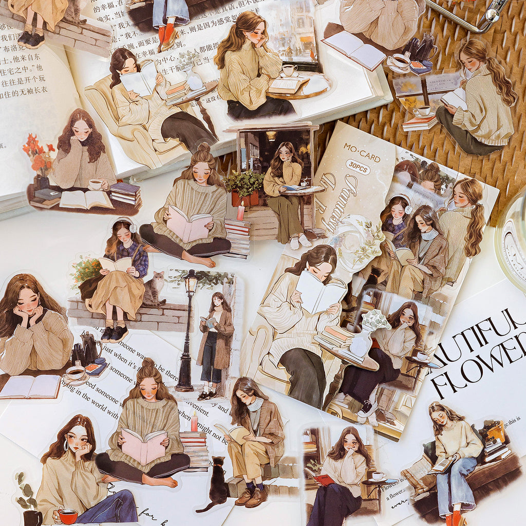 Warm beige reading girl PET stickers with cozy sweater and bookshop illustrations