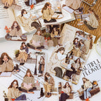 Warm beige reading girl PET stickers with cozy sweater and bookshop illustrations