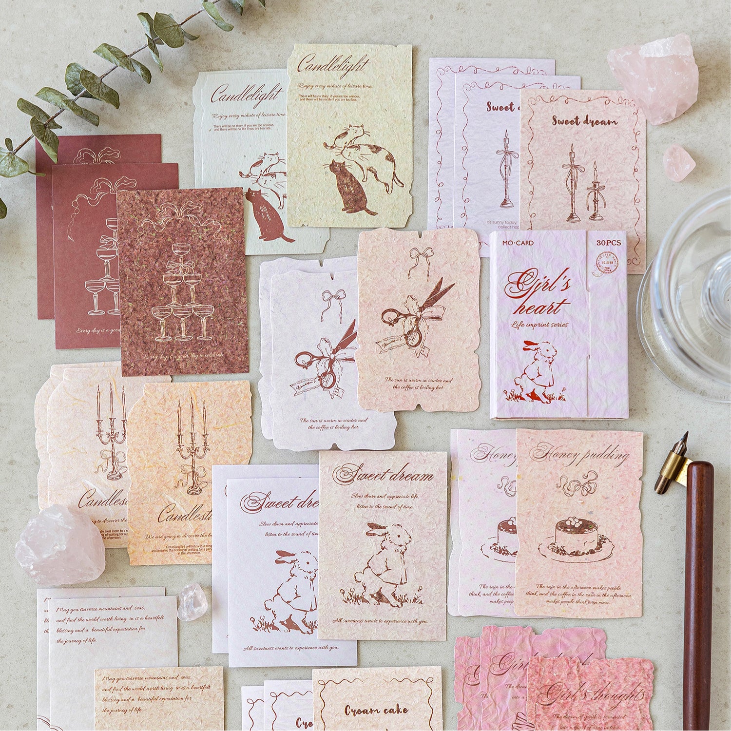 Pink girls heart themed textured journal cards rabbit cat candles scissors bow honey pudding