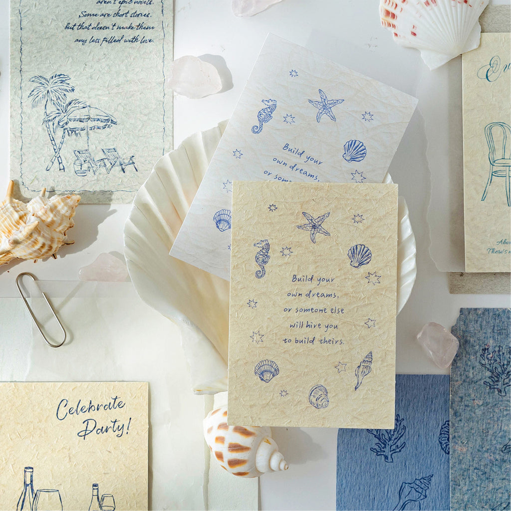 Blue seaside themed textured journal cards shells seahorses palm trees beach quotes ocean ephemera