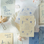 Blue seaside themed textured journal cards shells seahorses palm trees beach quotes ocean ephemera