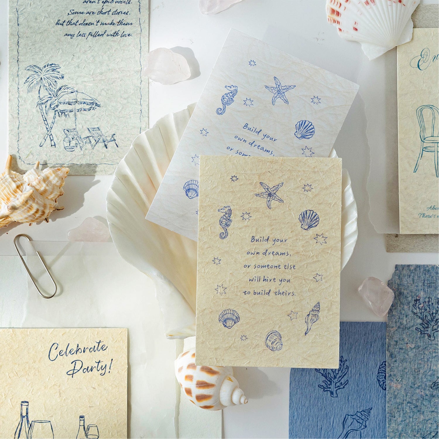 Blue seaside themed textured journal cards shells seahorses palm trees beach quotes ocean ephemera