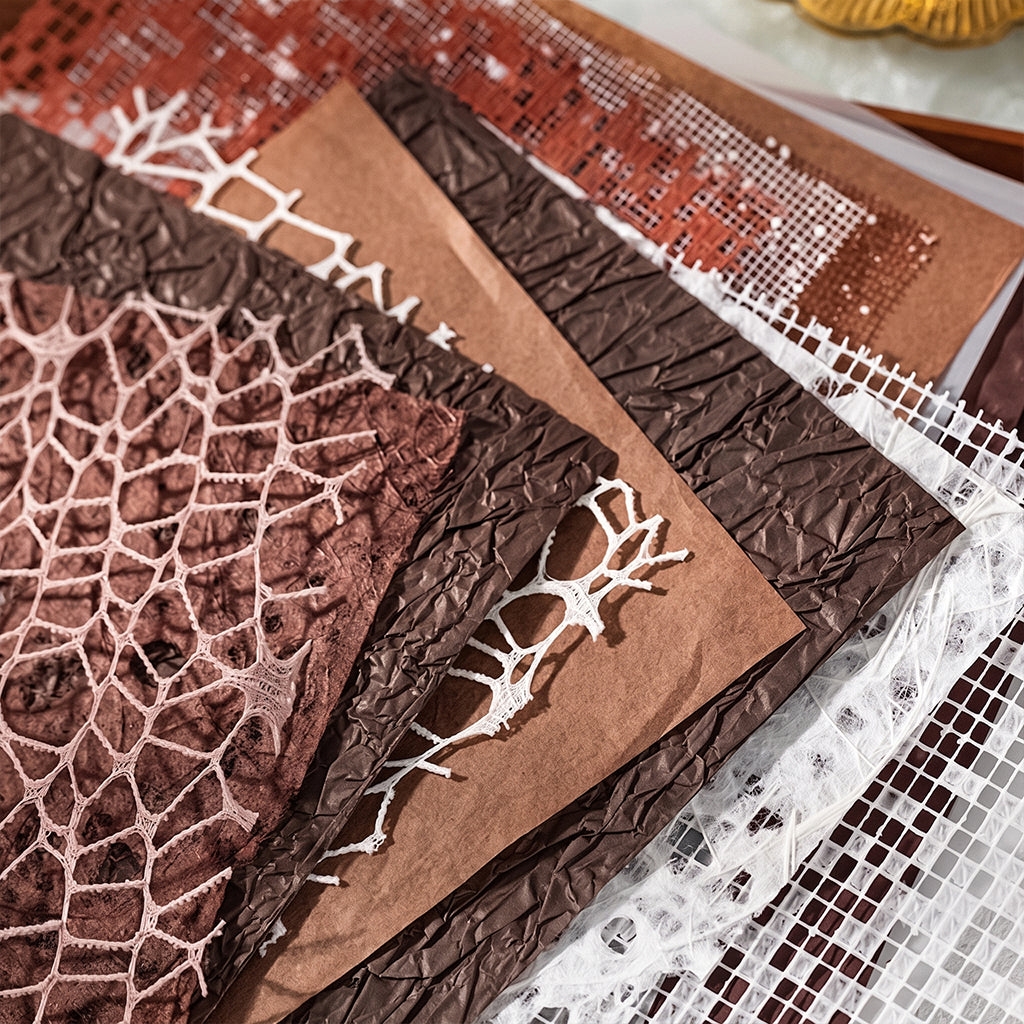 Sepia fishnet and kraft crinkle textured papers for vintage junk journal layering
