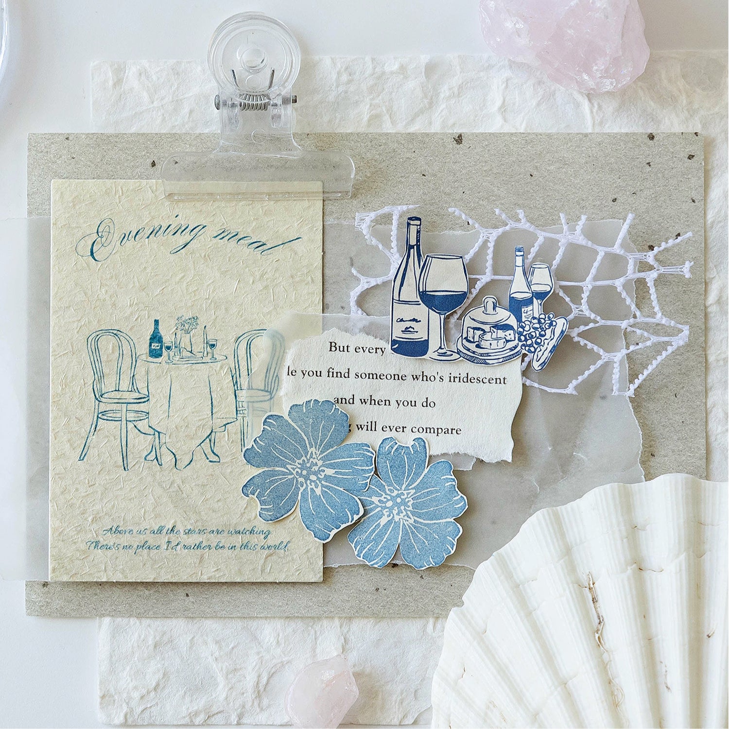 Vintage textured evening meal card layered on journal spread with shell lace blue flower stickers