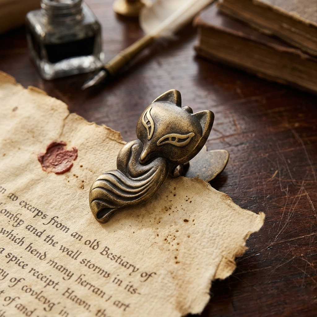 A macro close-up of a single Aged Antique Bronze fox-shaped metal journal clip clamping onto aged vintage paper. Set against a Dark Academia backdrop with a skeleton key and wax seal.