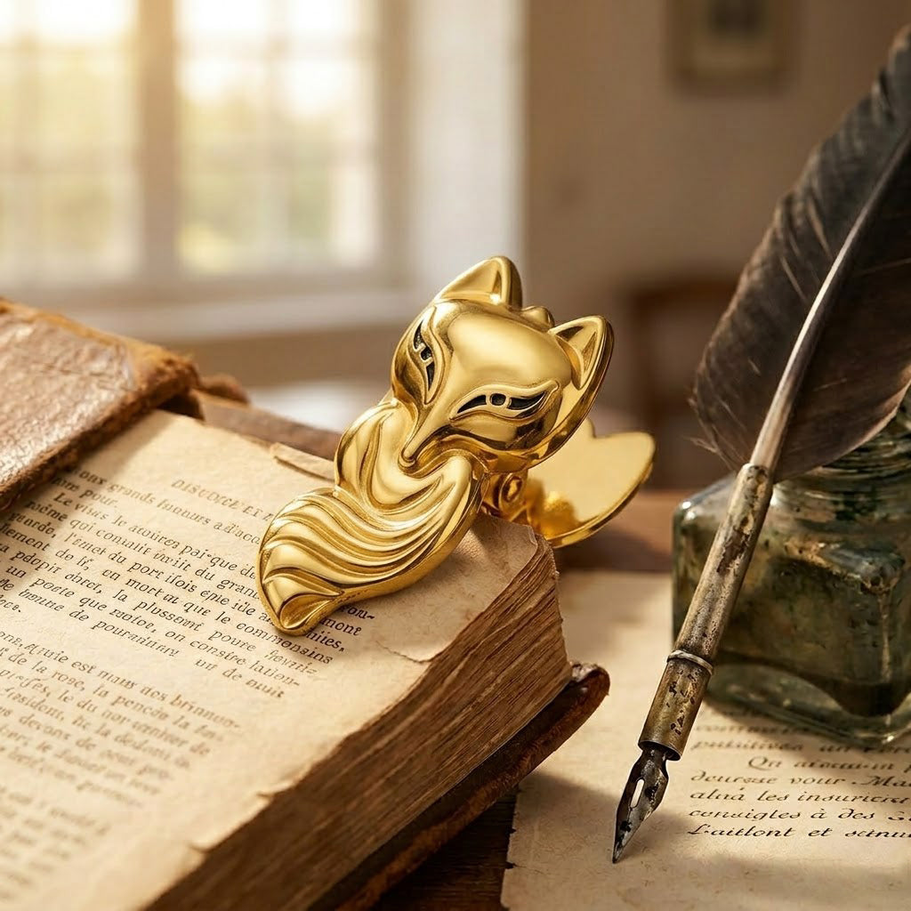 A macro close-up of a single Luminous Gold fox-shaped metal journal clip clamping onto aged vintage French paper. Set against a dark, academic backdrop with a wax seal stamp.