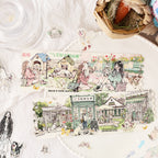 Close-up of the 'Spring Picnic' aesthetic character washi tape set. Features beautifully illustrated die-cut stickers of girls playing with cute dogs, cozy storefronts, and park scenes, styled elegantly on a white ceramic plate.