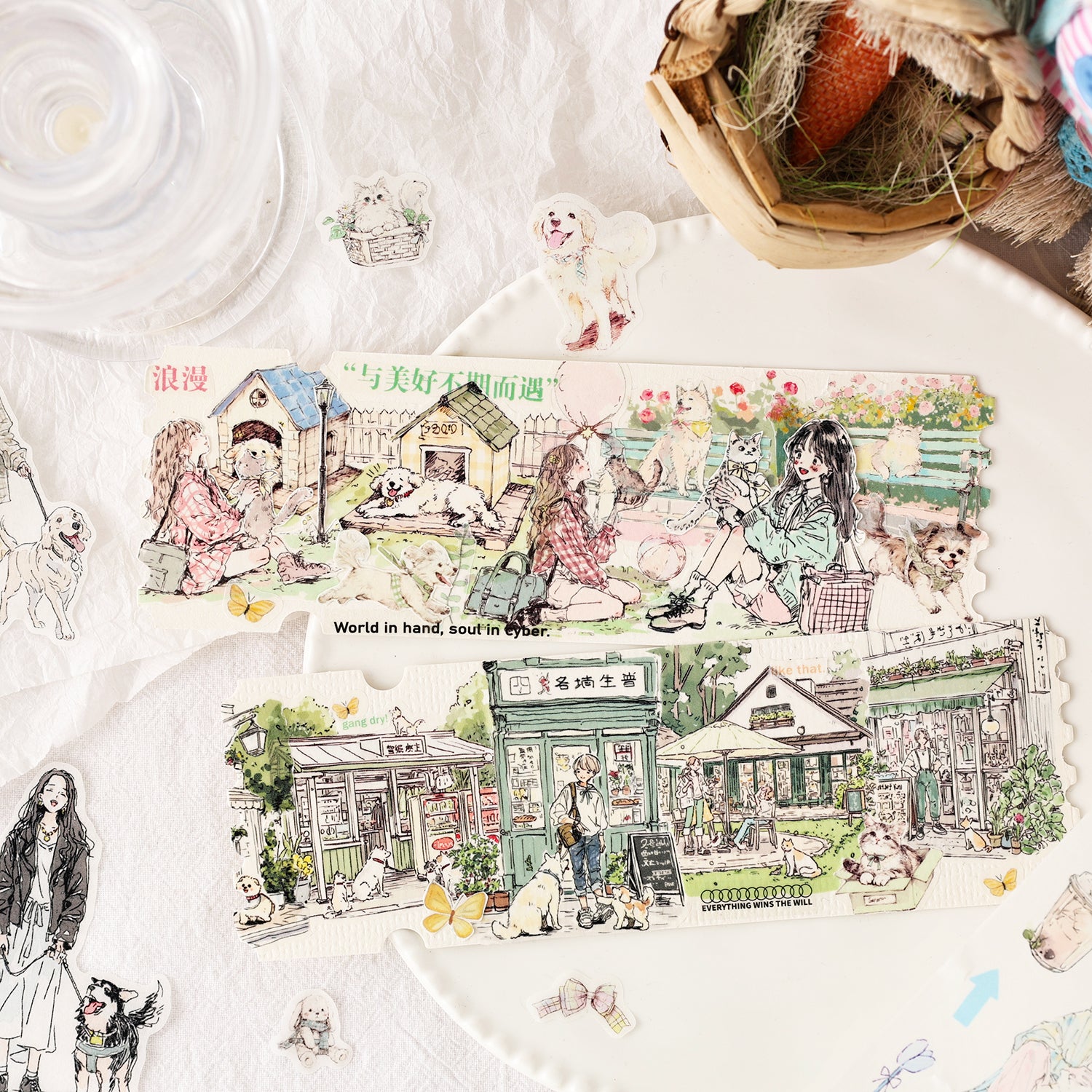 Close-up of the 'Spring Picnic' aesthetic character washi tape set. Features beautifully illustrated die-cut stickers of girls playing with cute dogs, cozy storefronts, and park scenes, styled elegantly on a white ceramic plate.