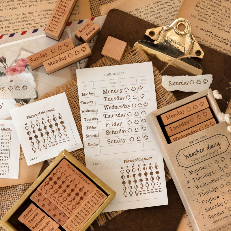 time travel stamp sets with printed impressions weekday and weather stamps scattered