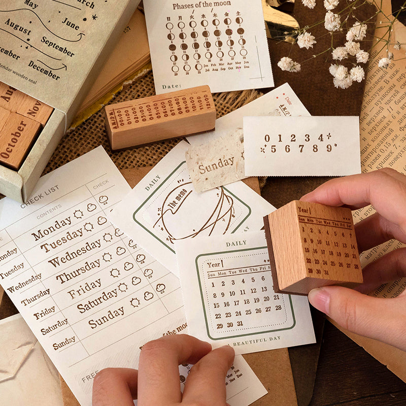 stamping weekday planner page with wooden journal stamp ritual