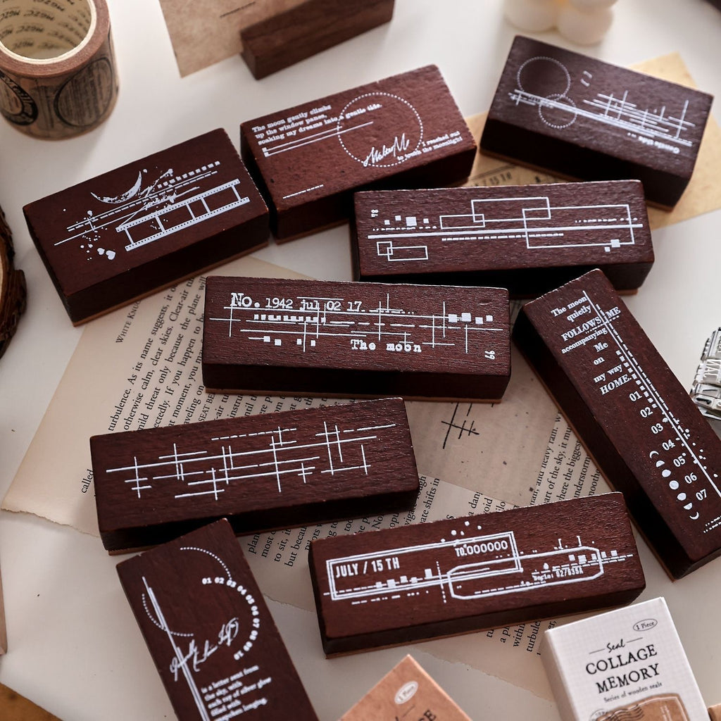 collage memory wooden stamp collection dark wood handles white printed designs vintage journaling