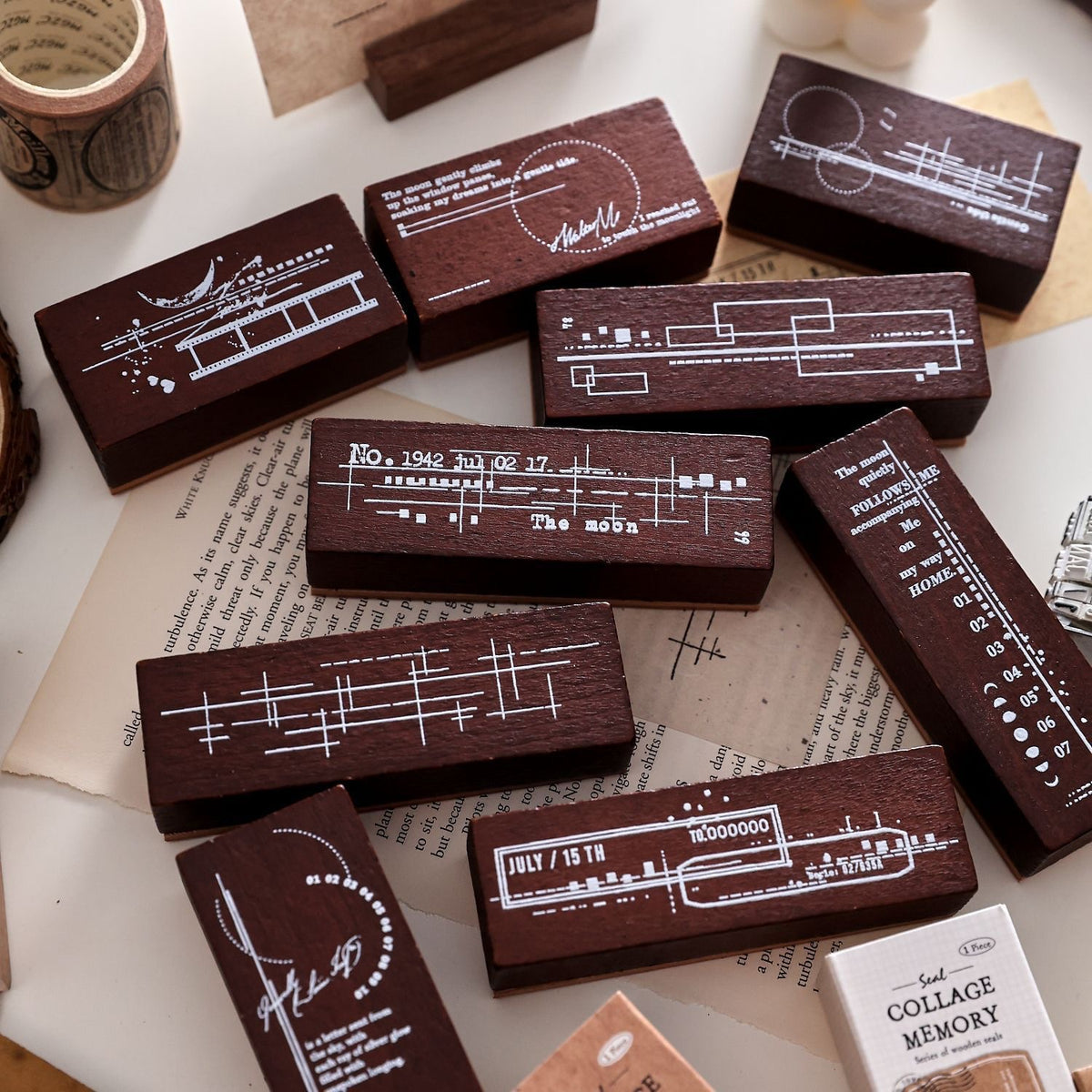 collage memory wooden stamp collection dark wood handles white printed designs vintage journaling