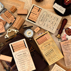 time travel wooden stamp set vintage desk scene weekday stamps calendar pages wax seal compass