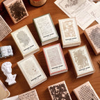 texture story wooden stamp collection six vintage background designs scattered flat lay
