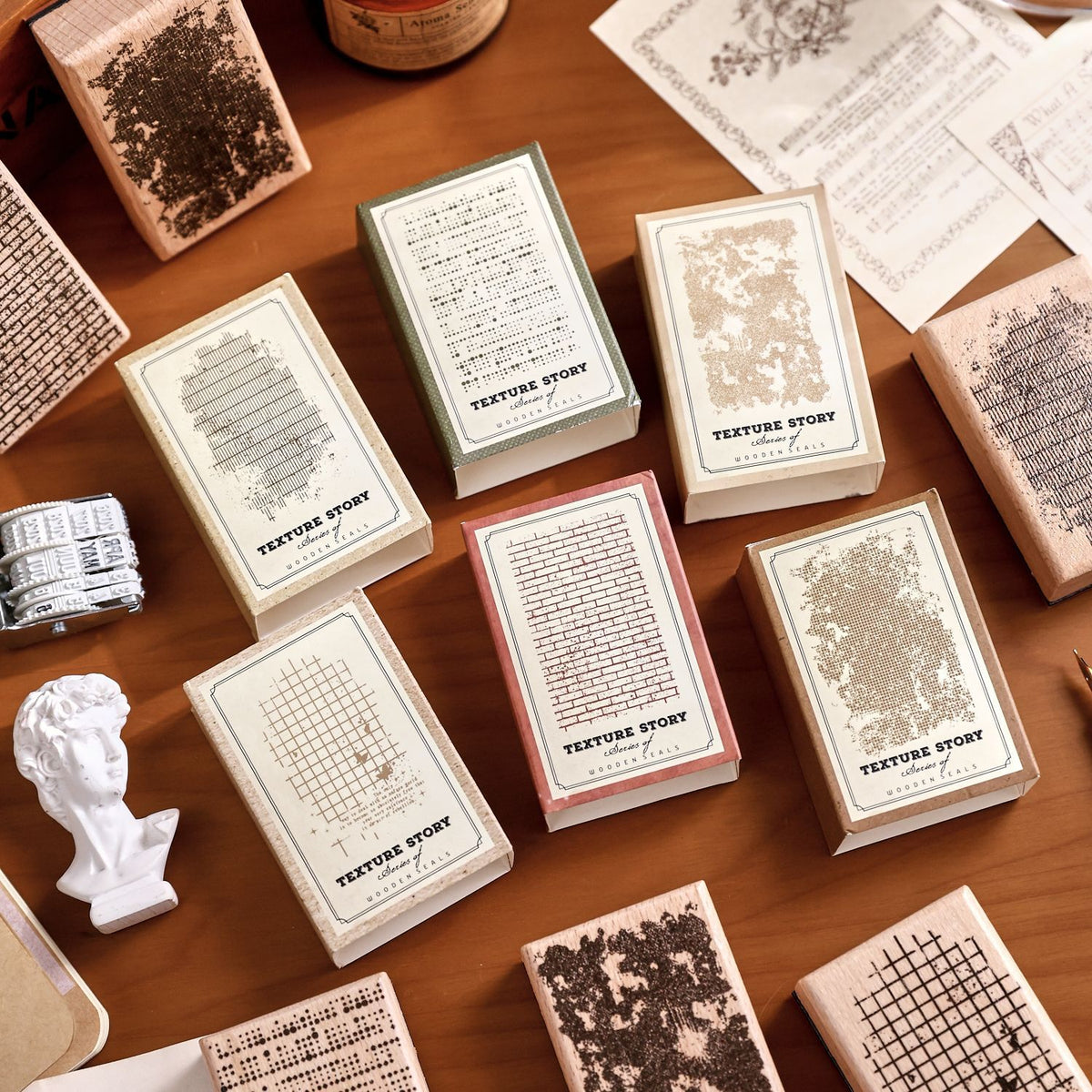 texture story wooden stamp collection six vintage background designs scattered flat lay
