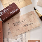 collage memory stamp box styled with vintage paper and fountain pen journaling scene