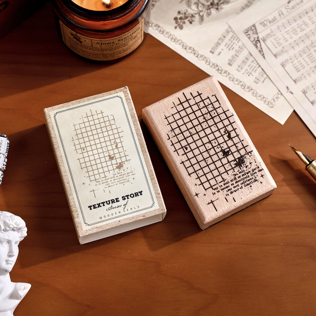 worn text and grid texture wooden stamp pair vintage background stamping