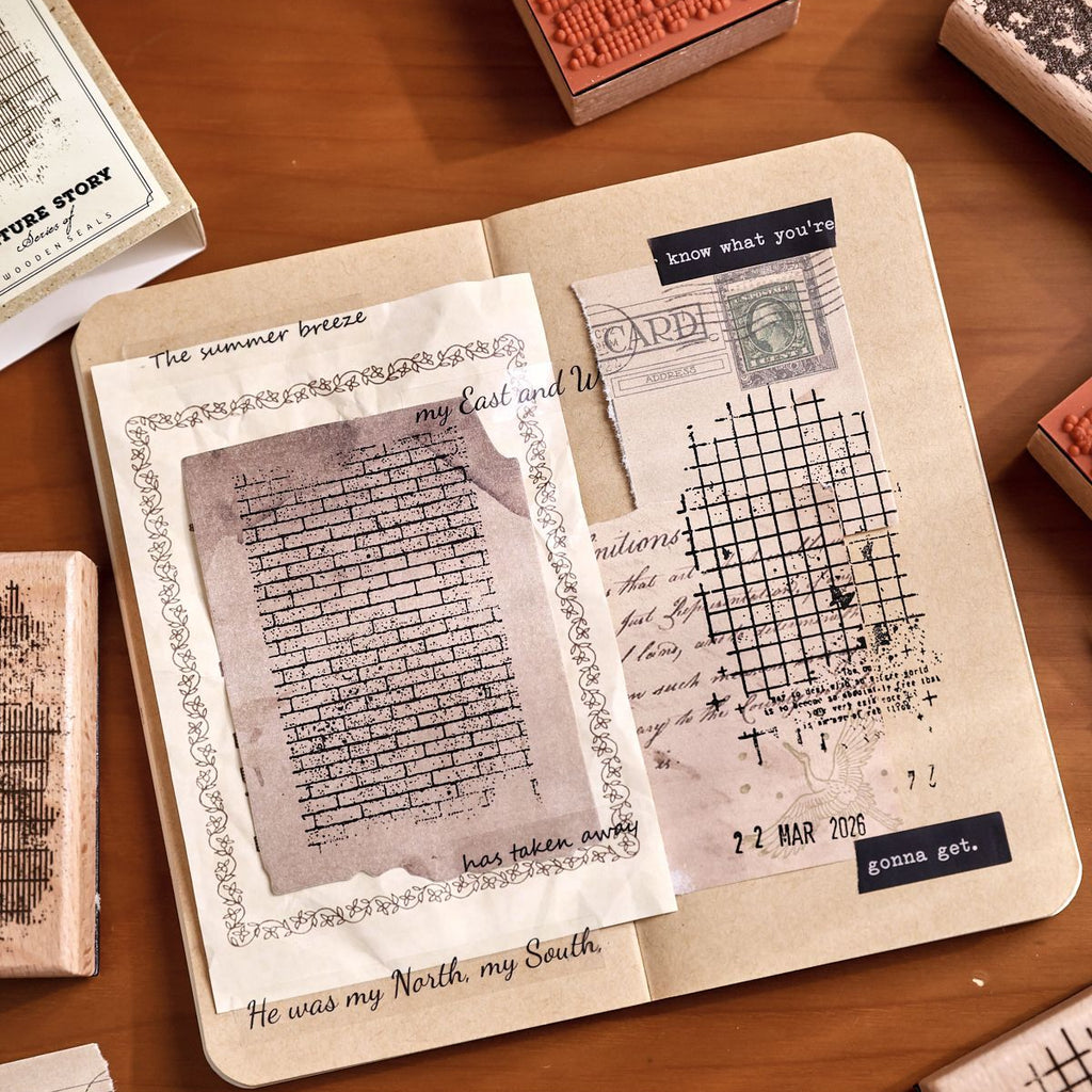 texture story wooden stamps in open journal vintage background stamping setup