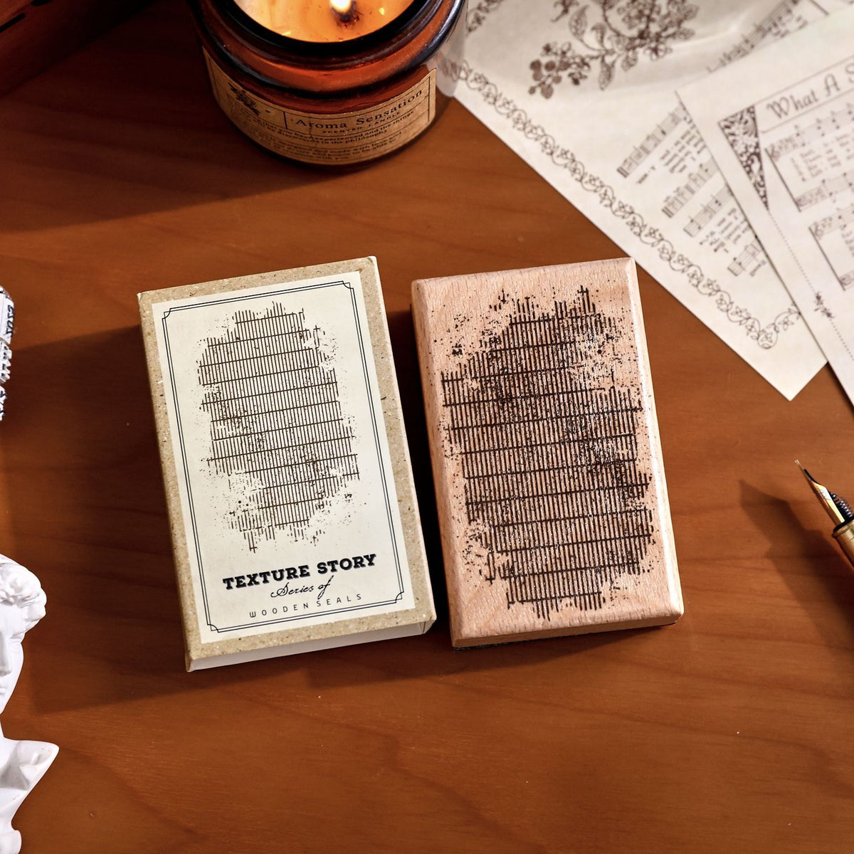 grid script and dark texture wooden stamps texture story series