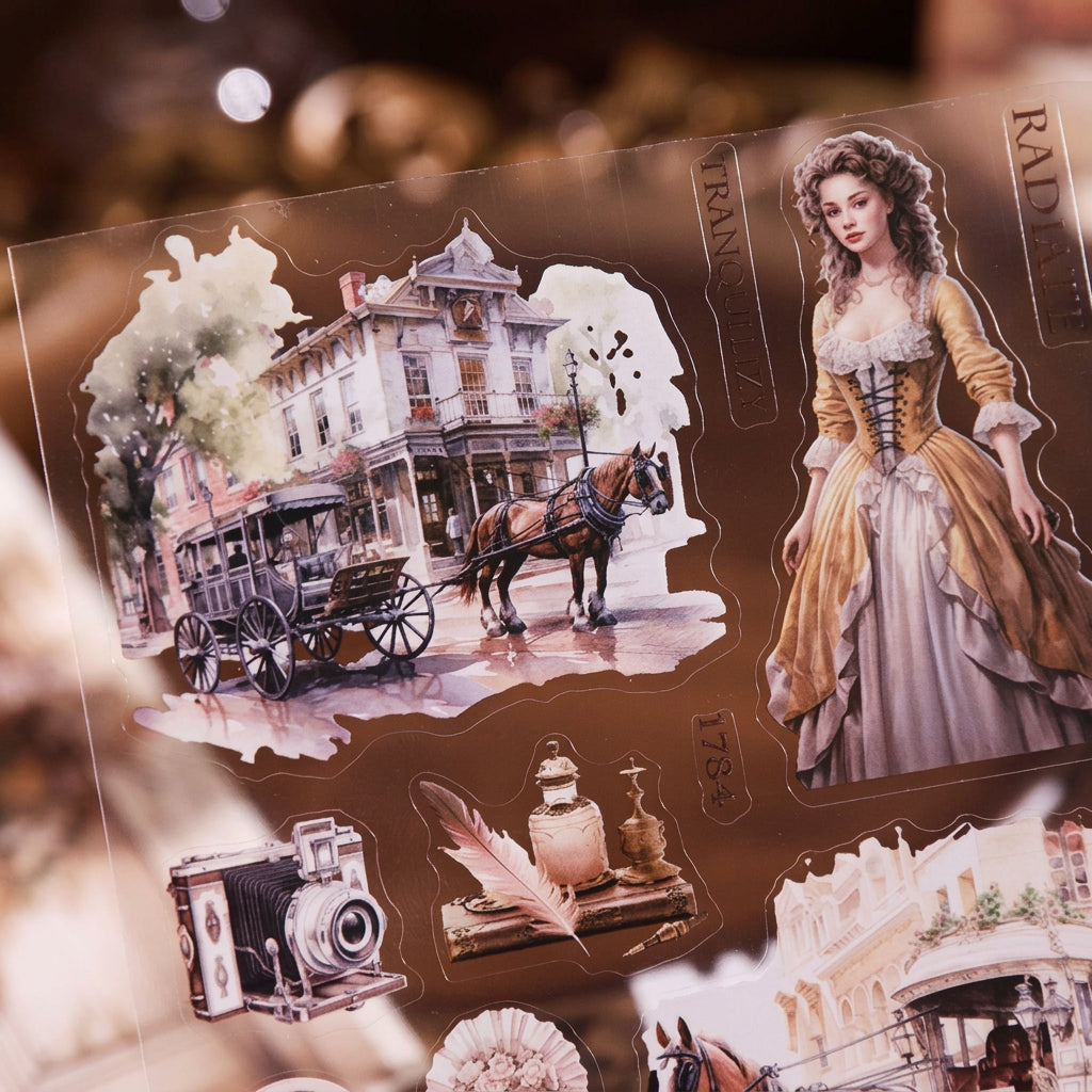 translucent pet sticker sheet cathedral and victorian lady die cut