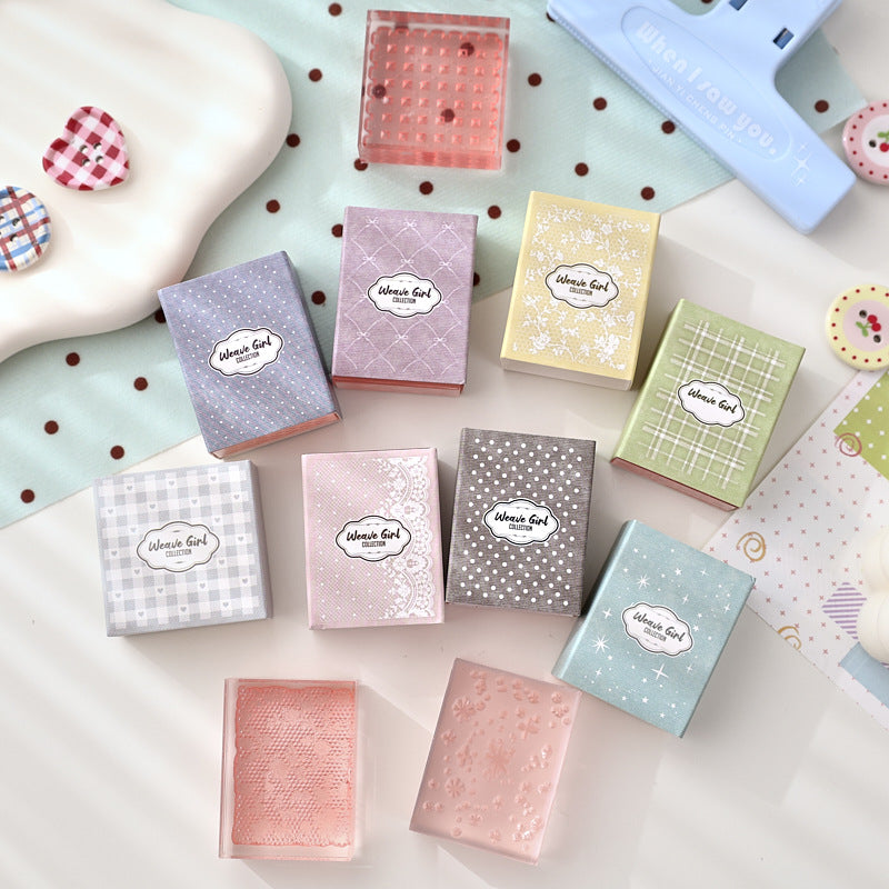 Textured acrylic stamp collection – 8 lace, gingham, bow and polka dot background stamp designs with pastel packaging