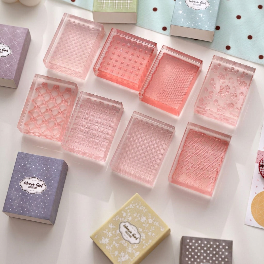 Textured acrylic stamp blocks viewed from above – transparent stamps with woven dot and check patterns