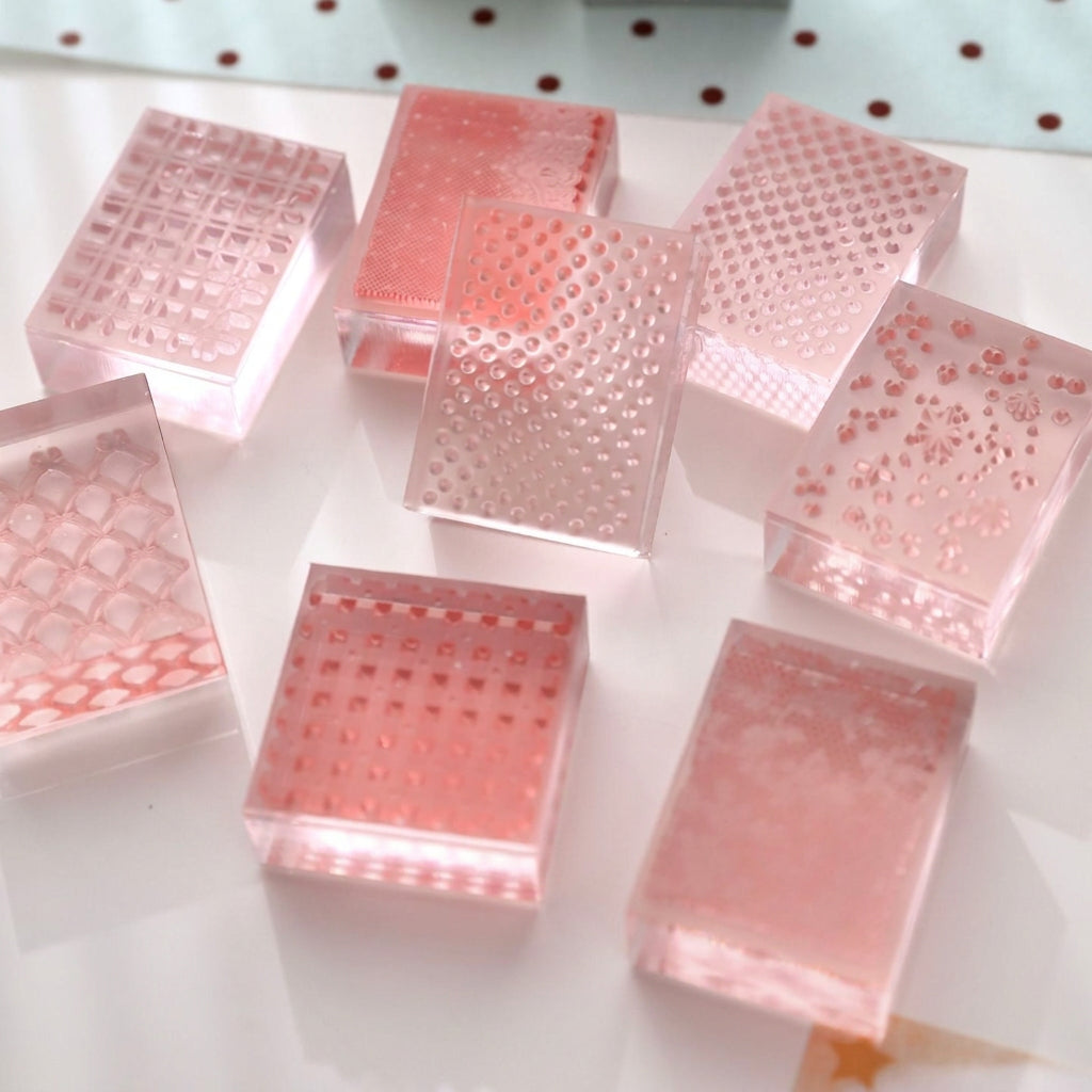 Textured acrylic stamps with their pastel gift boxes – lace, plaid and polka dot stamp designs