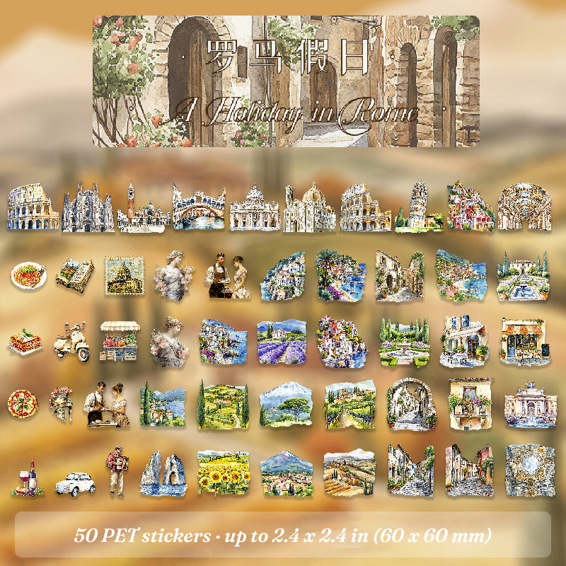 All 50 Parisian Traces travel stickers arranged in rows – pink Paris street and café scene designs, no repeats