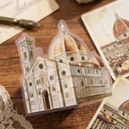 European architecture sticker set from the travelogue tin – cathedral and old town building illustrations for travel journals