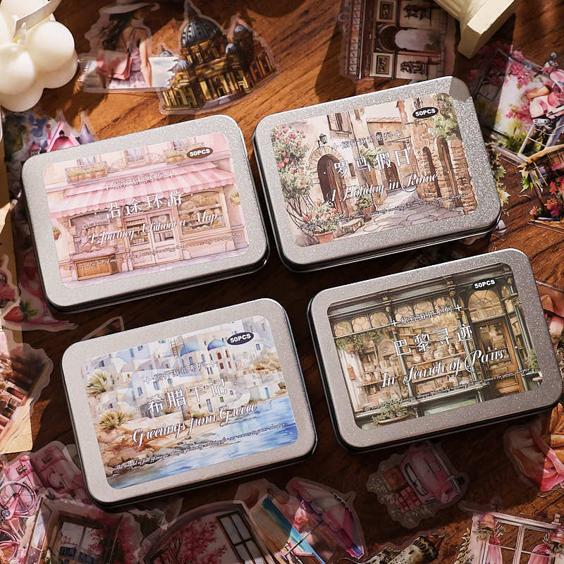 Travelogue PET sticker tin collection – four European editions with 50 translucent travel stickers each in reusable keepsake tins
