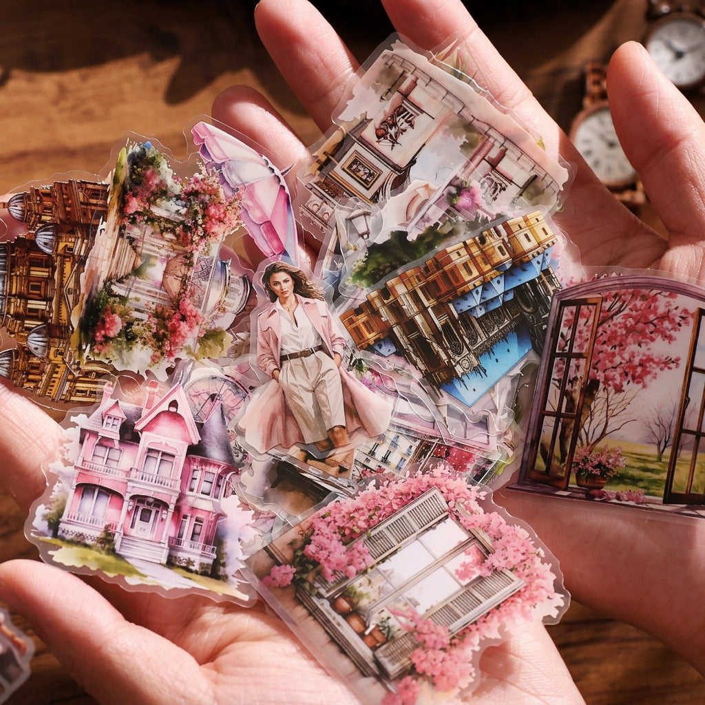 Hand holding translucent travel stickers from the travelogue tin – layered European scenes for journaling and scrapbooking